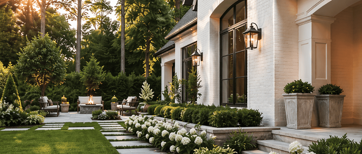 Elegant luxury home with manicured lawn, stone pathway, and premium landscaping
