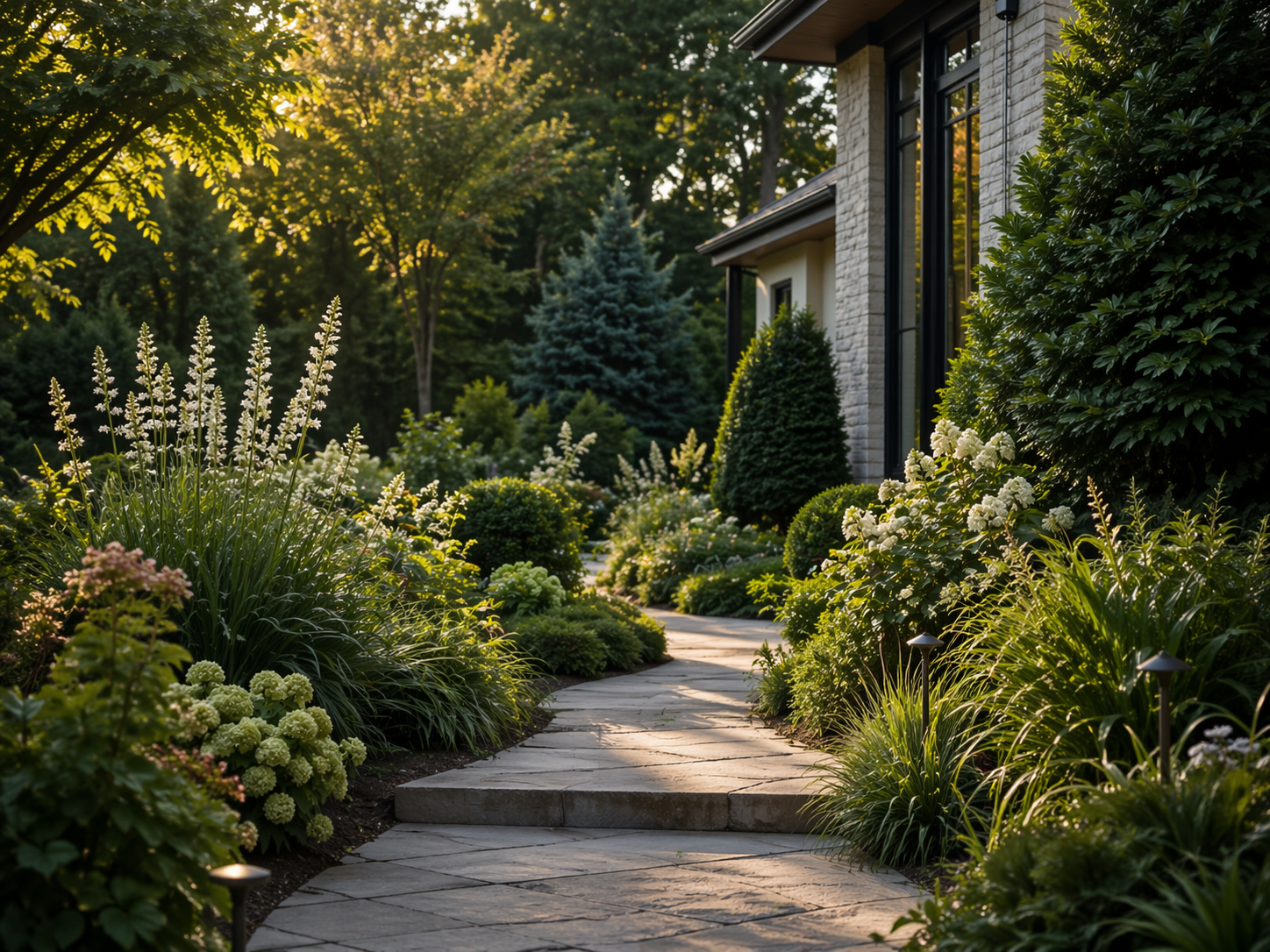 Modern garden retreat with stone path and layered greenery