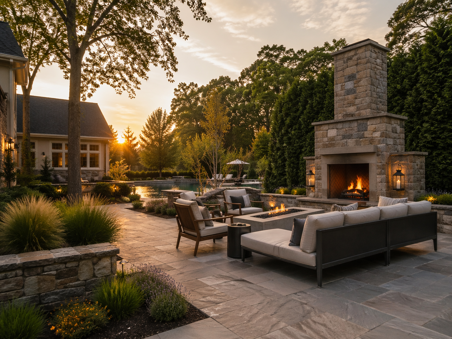 Luxury backyard living area with fireplace seating and outdoor lounge