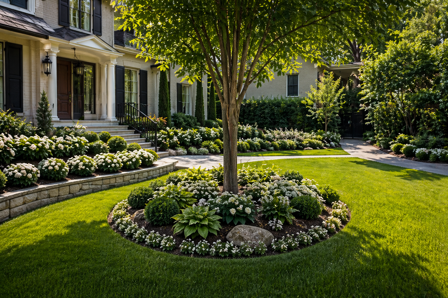 Refined front yard curb appeal with mature trees and premium lawn