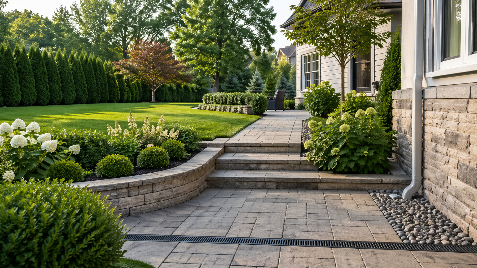 Elegant luxury home with manicured lawn, stone pathway, and premium landscaping